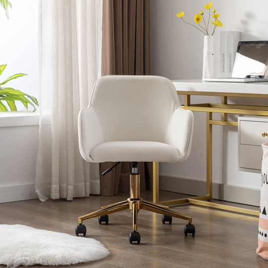 Home Office Chair Modern Velvet Adjustable Height 360 Degree Desk Chair with Arm and Gold Metal Legs for Bedroom and Office