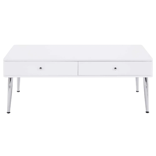 2 Drawers Coffee Table with Metal Base in High Gloss White and Chrome