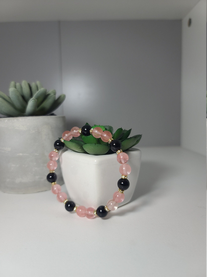 Cherry Quartz & Black Agate Beaded Bracelet With Gold Crystal Spacers