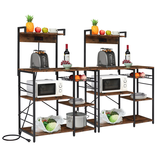 Kinbor Bakers Rack with Power Outlet Set of 2, Industrial Microwave Oven Stand w/ 6 S-Hook, Kitchen Storage Rack w/ Wire Basket