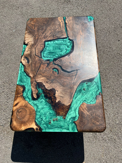 Live Edge Table, Custom 48" X 30" Walnut Wood Metallic Emerald Green Epoxy Table Order For Bryan W