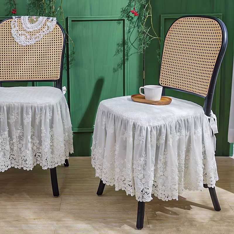 White Embroidered Flowers Chair Pads For Wedding | Vintage Comfortable Lace With Ties U-Shaped Cushion Ruffle