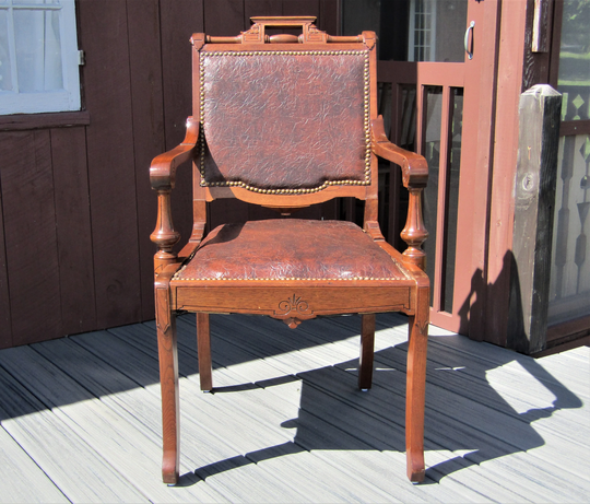 Victorian Eastlake Berkshire County Courthouse Commercial Grade Leather & Walnut Chair