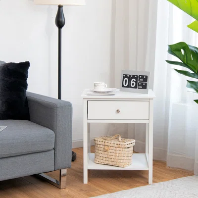 Nightstand With Drawer Storage Shelf Wooden Bedside Sofa Side Table White