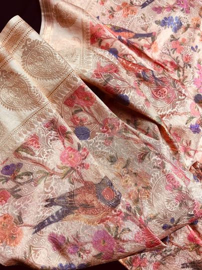 Beige Gold Color Soft Kabera Pattu Saree With Digital Prints & Embossed Designs Birds Floral Patters | Kaash Collection