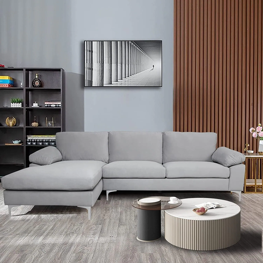 Sectional Sofa Left Hand 3 Seater Velvet Fabric Couch, L-Shaped Extra Wide Pillow Armrest Longer Lounger Chaise for Small Spaces