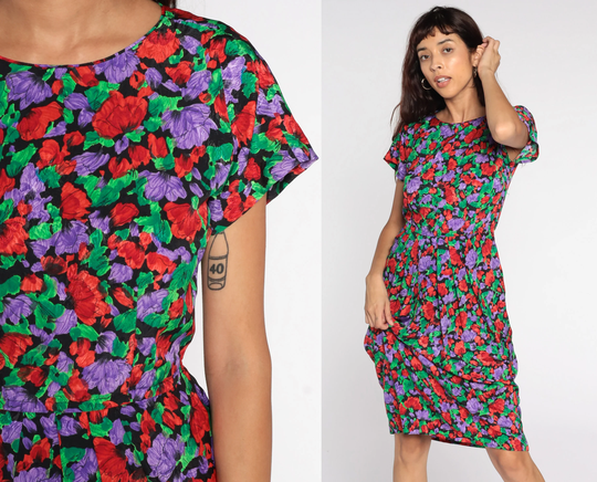 80S Floral Dress Midi Wiggle Boho Short Sleeve Pencil Vintage 1980S High Waisted Bright Button Back Small 4