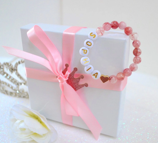 18K Gold Heart Jade Pink Baby Bracelet, Valentine, Shower, Personalized Girls Kids Jewelry, Best Friends, Newborn Bracelet