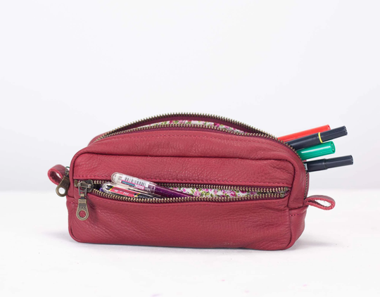 Deep Red Leather Pencils Case, Rectangular Accessory Bag Purse Case Glasses Markers Zipper Pouch - The Brick