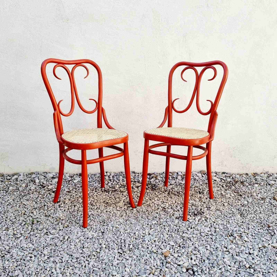 Pair Of Vintage Dining Chairs/Mid Century Wicker Wooden Red Thonet Style Art Nouveau Austria 1930S "30S