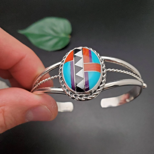 Lovely Multicolor Bracelet Cuff | Inlay Southwest Sterling Silver Big Southwestern Jewelry