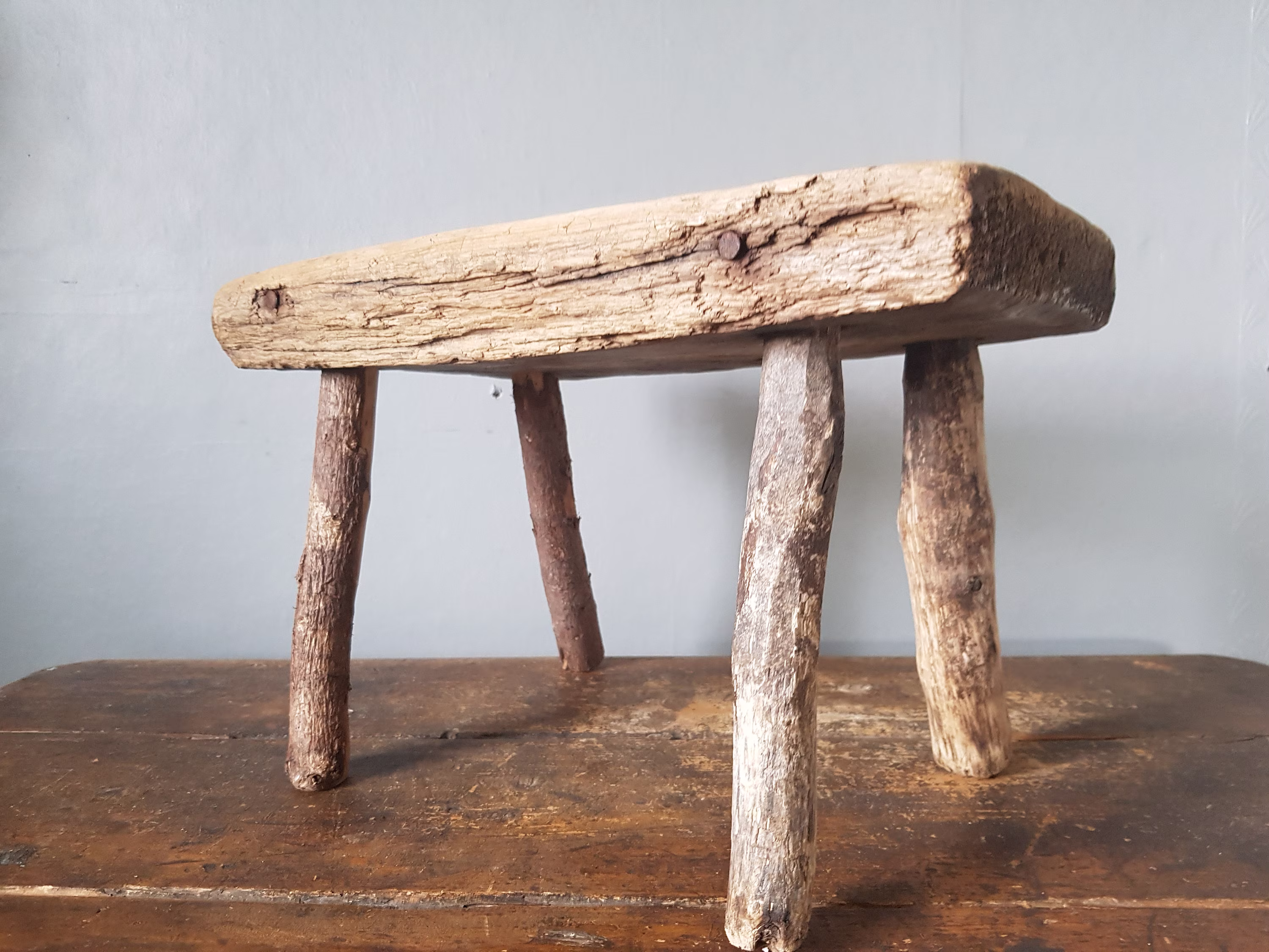 Antique Primitive Rustic Wooden Stool Milking Chair 1700S Dated Norwegian Farmhouse