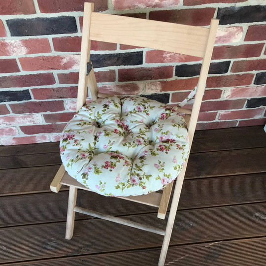 Yellow Leaves Cushion For Chair - Round Tufted Off White Pads With Ties Soft Cushion Pattern Style Fabric Patio