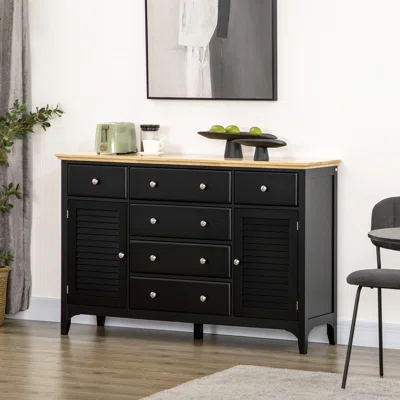 Modern Sideboard With Drawers, Buffet Cabinet With Storage Cabinets, Rubberwood Top And Adjustable Shelves For Living Room, Kitchen, Black