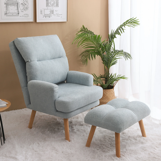 Accent Chair with Ottoman Set, Mid Century Modern Comfy Lounge Chair Fabric Armchair with Wood Legs and Adjustable Backresty