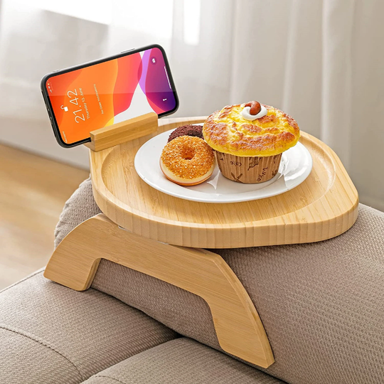Bamboo Sofa Tray Table Clip On Side Couch Arm With Rotating Phone Holder For Eating Drinks Snacks