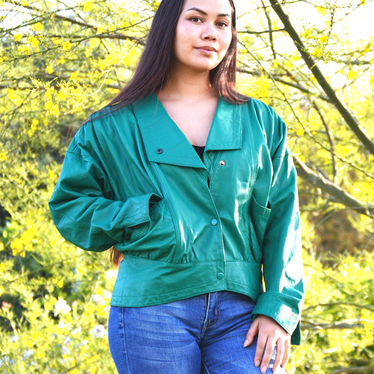 Green Leather Jacket Cropped Fit 1980S Retro Snap Up Womens Colored Vintage Kelly Size Medium