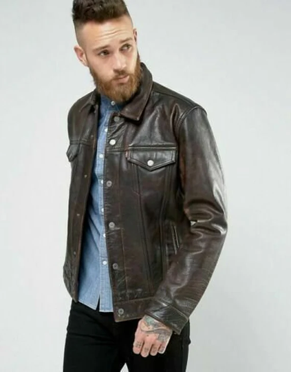 Men's Rustic Brown Leather Trucker Jacket, Lev Style Shirt, Customized Handmade Jacket