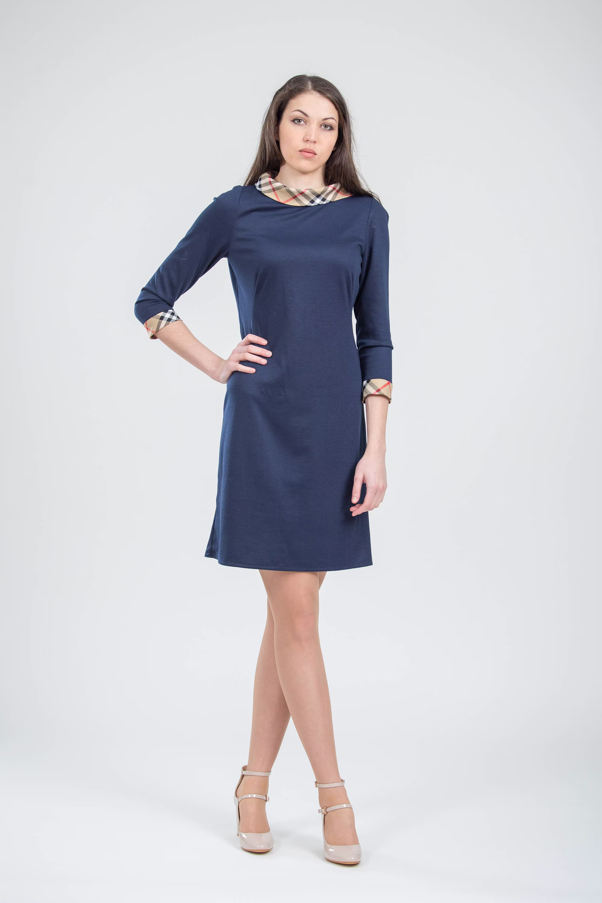 Navy Pencil Dress With Plaid Collar & Cuffs Womens Casual Clothing Blue Business Lady Outfit For Work