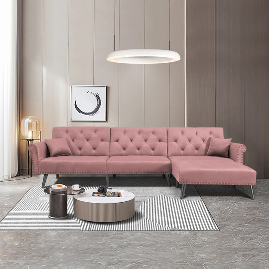 Button Tufted Sectional Sofa w/2 Pillows & Reversible Chaise Lounge, L-Shaped Convertible Sleeper Velvet Couch for Living Room