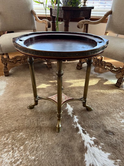 Vintage Sarreid Brass Occasional Table - Hollywood Regency Mid Century Columns Hoof Feet Inlay Tile Faux Marble Paint