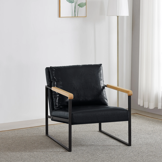 Mid-Century Industrial Stylish Classic Leather Arm Chairs Living Room Accent Chair with Metal Frame and Wood Arms Support