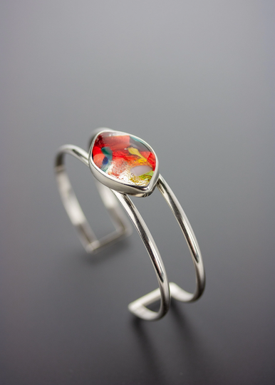 Confetti | Red Fused Glass Sterling Silver Double Band Cuff Bracelet Fits 6 To 6.5 Inch Wrists