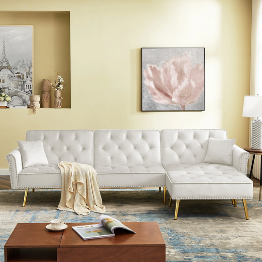 Modern Velvet Upholstered Reversible Sectional Sofa Bed, L-Shaped Couch with Movable Ottoman and Nailhead Trim