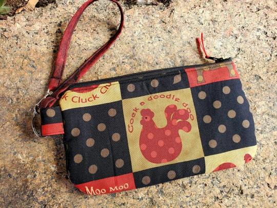 Farm Animal Wristlet, Rooster Cosmetic Bag, Fabric Zipper Bag, Purse, Pig Pouch Pencil Pouch, Feminine School Organizer, Chicken Bag