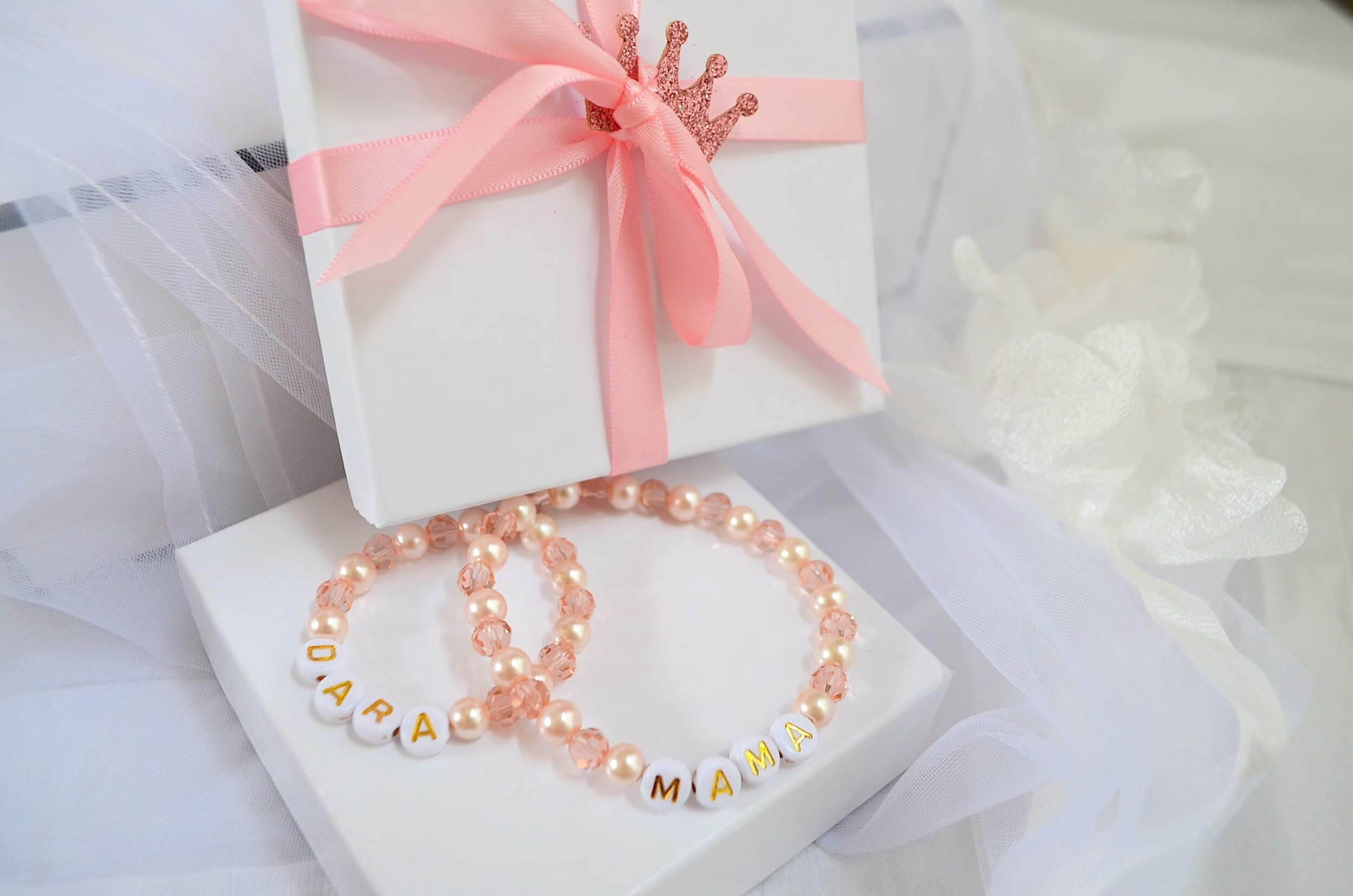 Mama Baby Personalized Bracelets, Blush Pink Pearl Swarovski Crystal Bracelet, Shower Gifts, Newborn Toddler