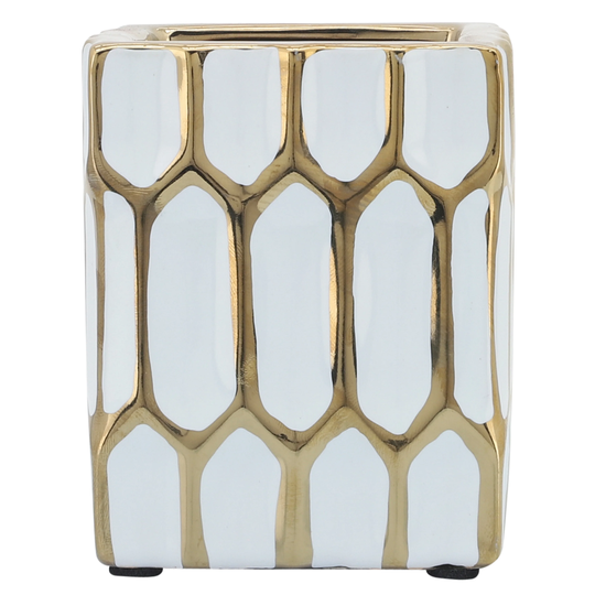 Ceramic 4"h Pen Holder, White, gold 4.0"H - 3.0" x 3.0" x 4.0"