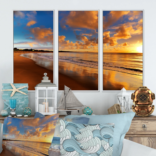 Designart 'Colorful Sunset on the Beach' Landscape Framed Wall Art Set of 3 - 4 Colors of Frames