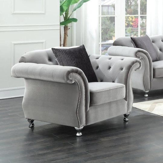 Fabric Upholstered Chair With Nail Head Accents And Chrome Legs, Light Grey