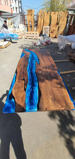Live Edge Table, Custom 96" X 40" Walnut Ocean Blue, Turquoise White Waves Epoxy River Dining Order For Nate