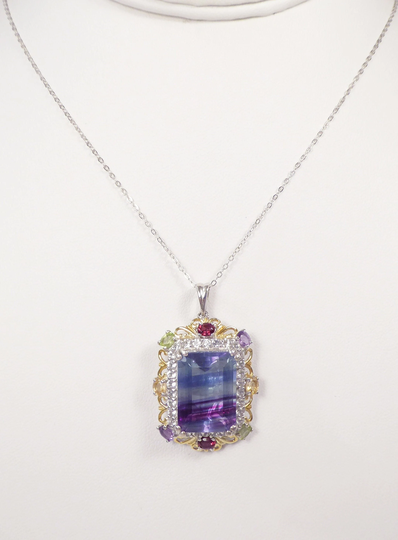 20 Ct Emerald Cut Natural Bi-Color Fluorite, Rhodolite Garnet, Amethyst, Citrine, Peridot, Pendant, 14K Vermeil, Sterling, 20" Italian Chain