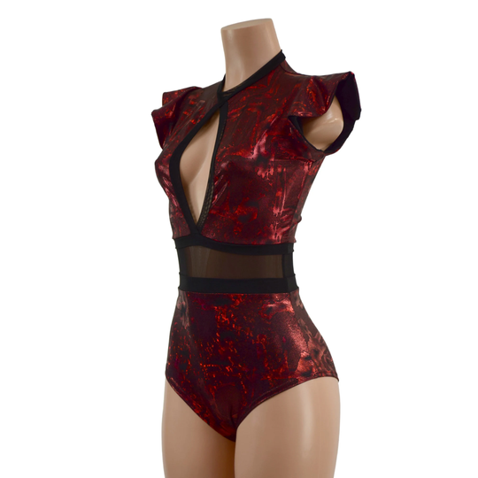 Primeval Red Siren Romper With Keyhole Neckline & Mesh Waist Panel // Flip Sleeves Back Zipper// All Trim in Black - 157896