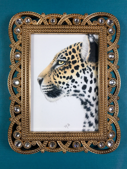 Jaguar Original Colored Pencil Drawing in A Gold Frame, Gift For Wildlife Lovers, Miniature Animal Art, Shelf Decor