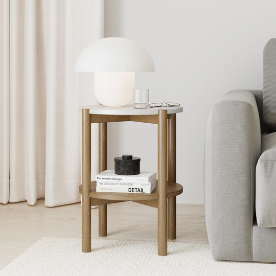 Nathan James Tucker Round Accent Small Side Table, Wood Sofa End Table with Marble Top for Living Room or Bedroom