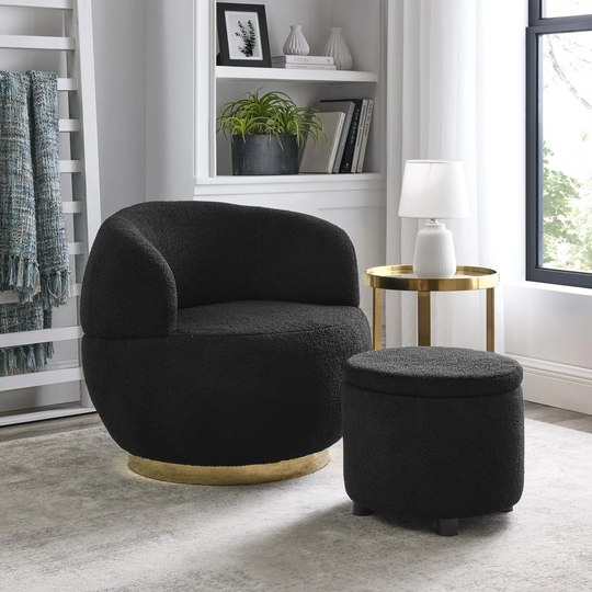 Modern Barrel Chair 360-degree Swivel Chair Teddy Fabric Padded Seat with Gold Stainless Steel Base and Storage Ottoman
