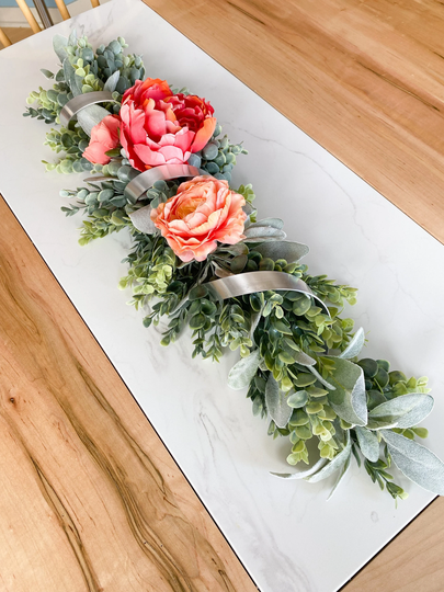 Floral Centerpiece, Coffee Table Decor, Mantel Garland, Peonies On Lambs Ear Eucalyptus, Dining Tableware, Everyday Home Decor