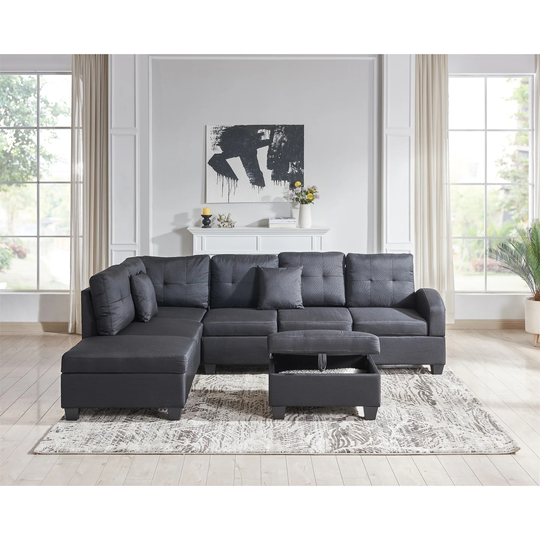 Black Linen 109 Inches Fabric Sofa With Storage Chaise And Ottoman