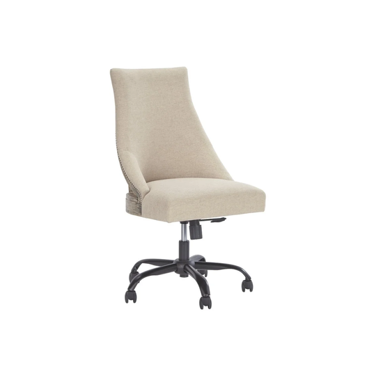 Wooden Framed Polyester Upholstered Swivel Chair with Nail Head Trim Accents, Beige and Black
