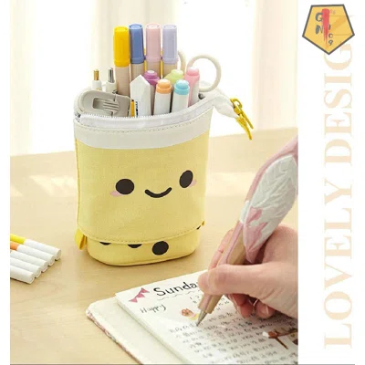 Boba Cute Standing Pencil Case For Kids, Pop Up Pencil Box Makeup Pouch, Stand UP Bubble Tea Pen Holder Organizer Cosmetics Bag, Kawaii Stationary
