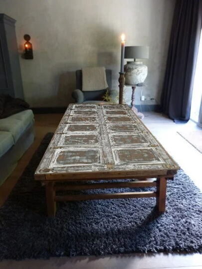 Antique Vintage Coffee Table, Light Grey Shabby Finish Table, Rustic Farmhouse Table, White Wooden Table, Wooden Leg Table