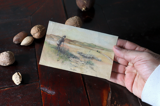 Antique 1908 Italian Art Sketch Drawing On Paper By Paolo Antonini, Watercolor & Color Pencil Landscape Painting Shepherd With Lambs Sheep