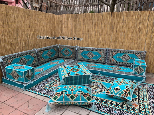 Sky Blue Cushion Set, L Shape Majlis Sofa, Ottoman Sofa Arabic Turkish Home Decor, Majlis, Oriental Custom Order