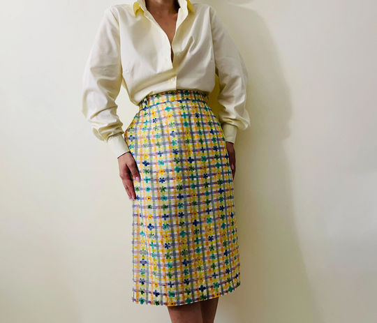Vintage Yellow Plaid Pencil Skirt, Fine Cotton Form Fitted Midi Skirt