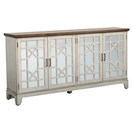 Wooden 4 Doors Sideboard with Mirror Inserts, White and Brown