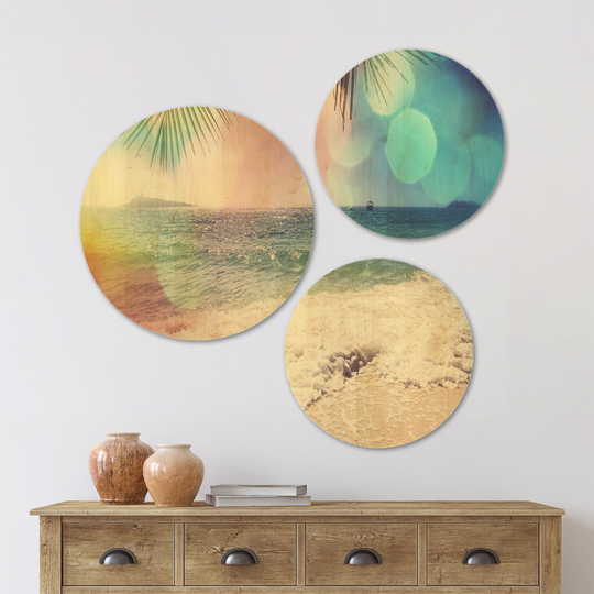 Designart 'Colorful Serenity Tropical Beach' Seashore Wood Wall Art Set of 3 Circles - Multi-Color