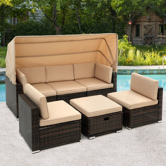 Modern Outdoor Daybed Sunbathing Rattan Sofa, Pool Furniture Chaise & Metal Outdoor Chair, Modular Sectional Sofa Sets with Roof